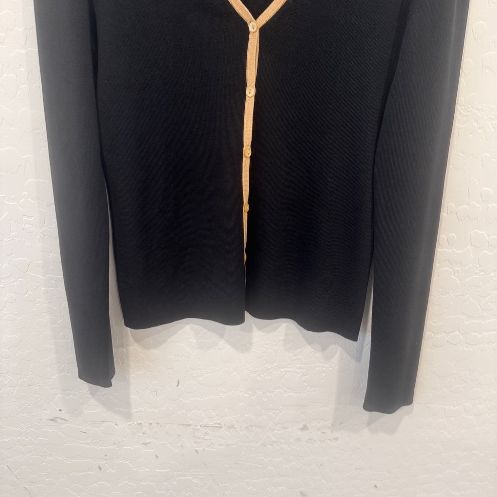 Ann Taylor LOFT Cardigan Womens Medium Black Tan Trim Silk Button Front Capsule - Picture 3 of 5